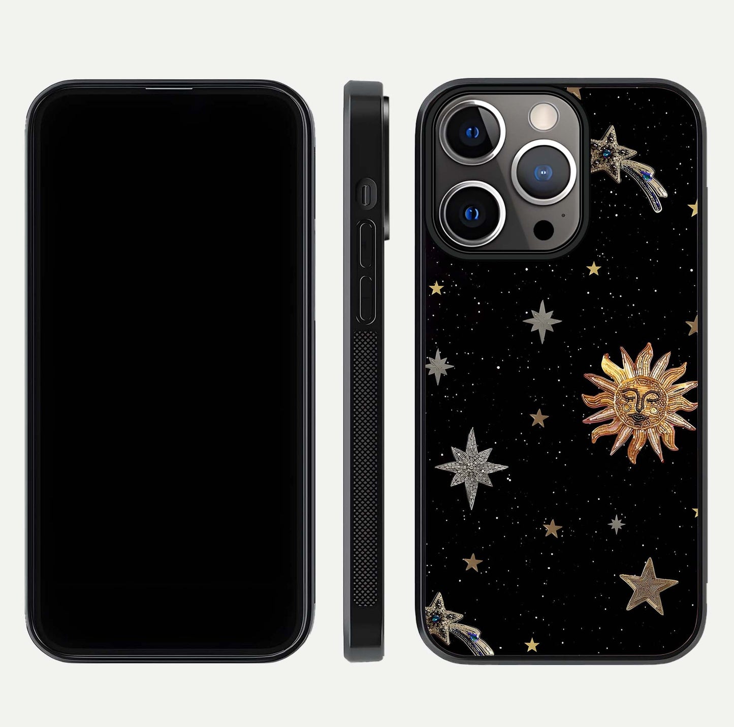 Celestial Moon With Stars Glass Case for iPhone 13 Pro front-and-back layout displaying lunar art and premium finish