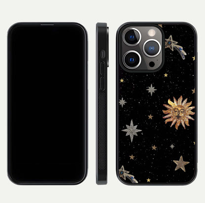 Celestial Moon With Stars Glass Case for iPhone 13 Pro front-and-back layout displaying lunar art and premium finish