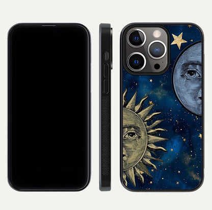 Celestial Moon With Sun Glass Case for iPhone 13 Pro dual-view layout showing luminous pattern and curved edges