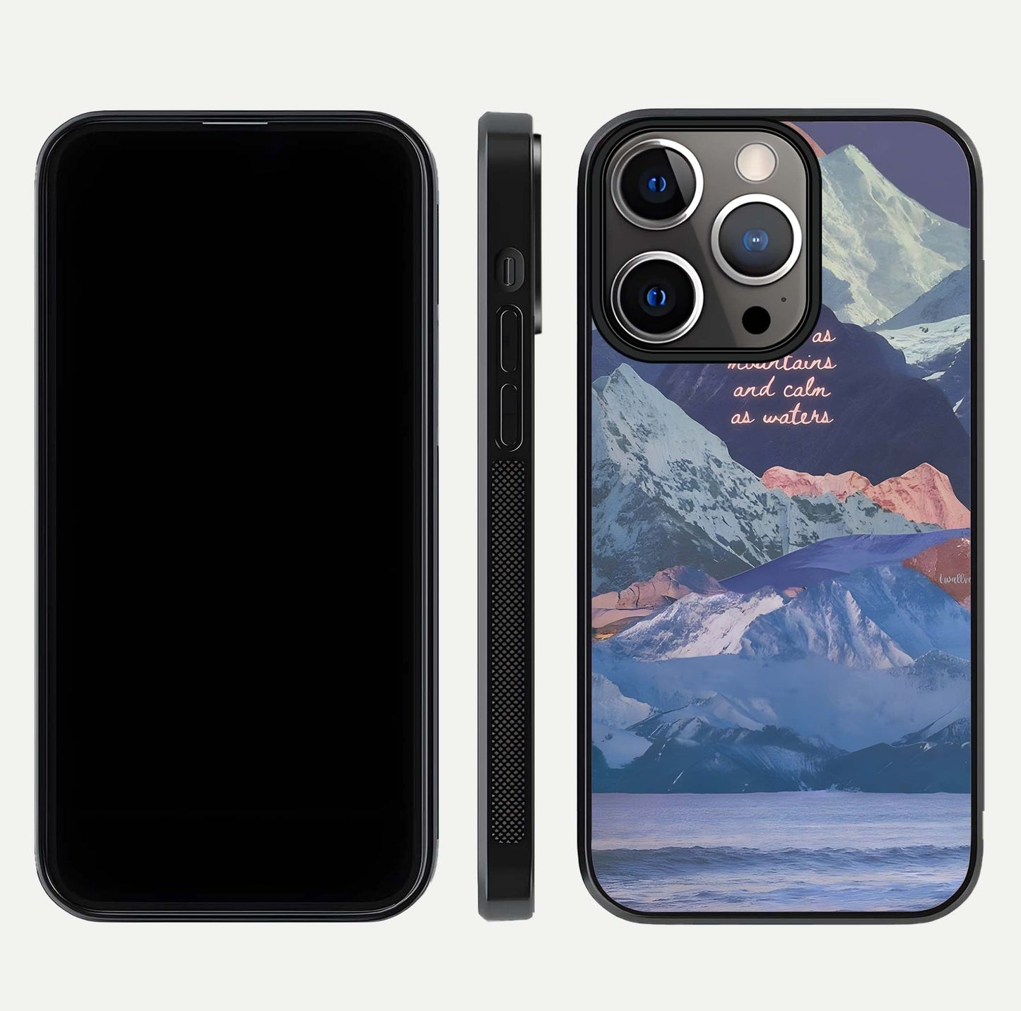 Celestial Mountain Calm Glass Case for iPhone 13 Pro dual-view layout displaying scenic tones and curved finish