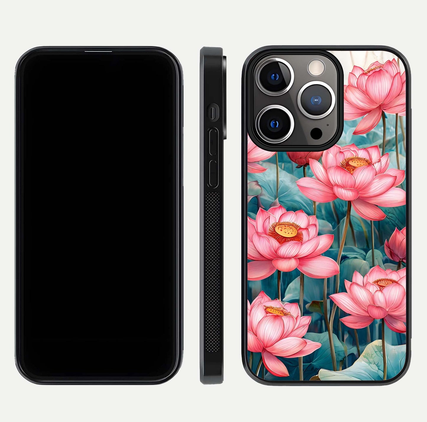 Celestial Pink Lotus Glass Case for iPhone 13 Pro dual-view layout showing floral center and smooth edges