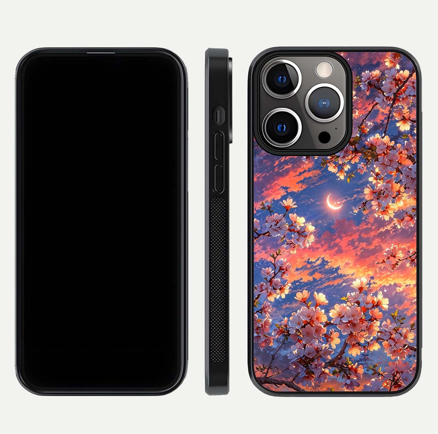Celestial Sakura Sunset Glass Case for iPhone 13 Pro dual-view layout showing floral gradient and reflection polish