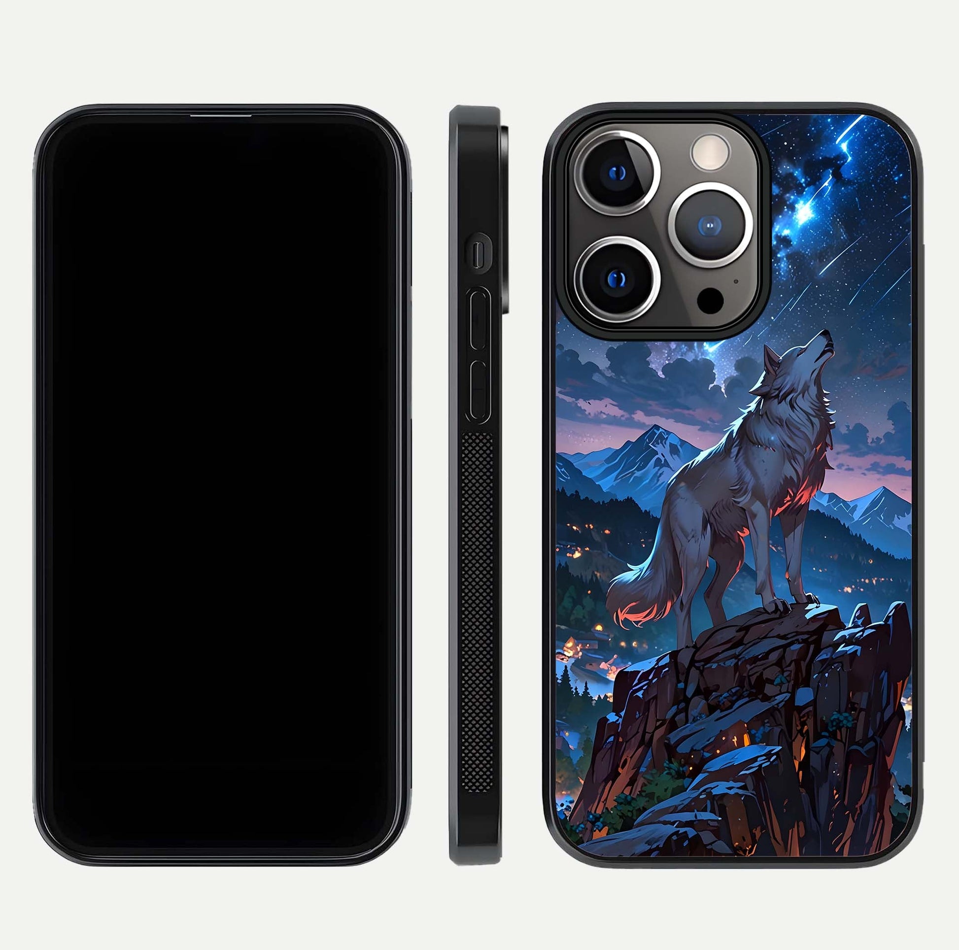 Celestial Wolf Howl Glass Case for iPhone 13 Pro dual-view layout displaying night tones and protective glass edges