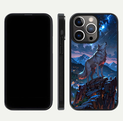 Celestial Wolf Howl Glass Case for iPhone 13 Pro dual-view layout displaying night tones and protective glass edges