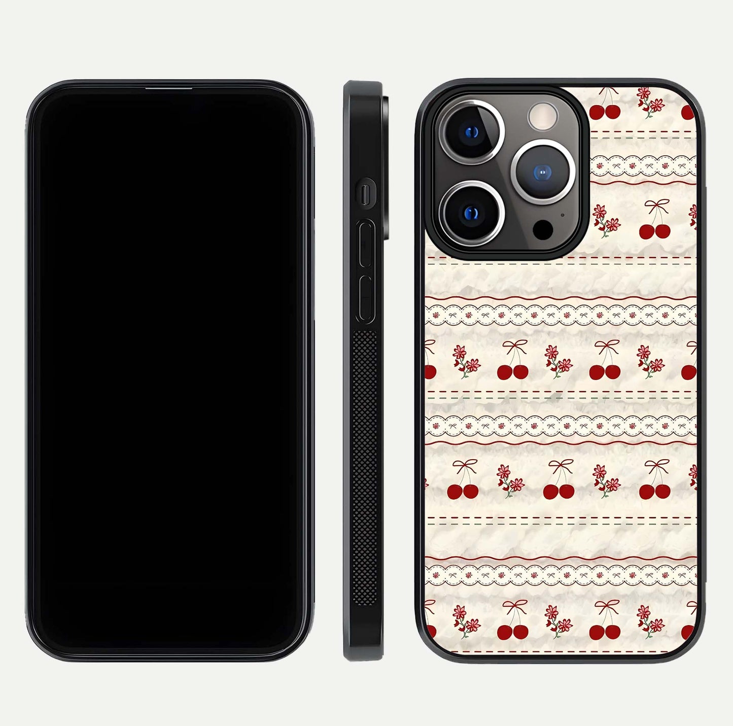 Cherry Bloom Charm Glass Case for iPhone 13 Pro front-and-back layout displaying floral art and smooth finish