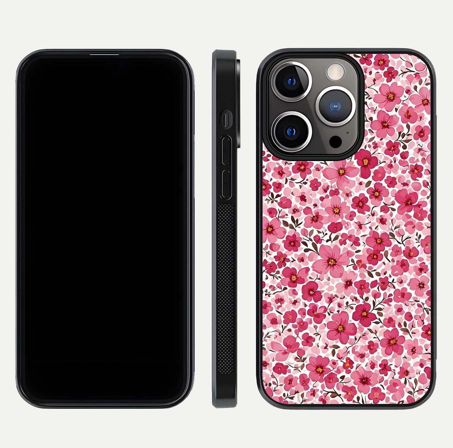 Cherry Blossom Charm Glass Case for iPhone 13 Pro dual-view layout showing elegant floral balance and HD gloss