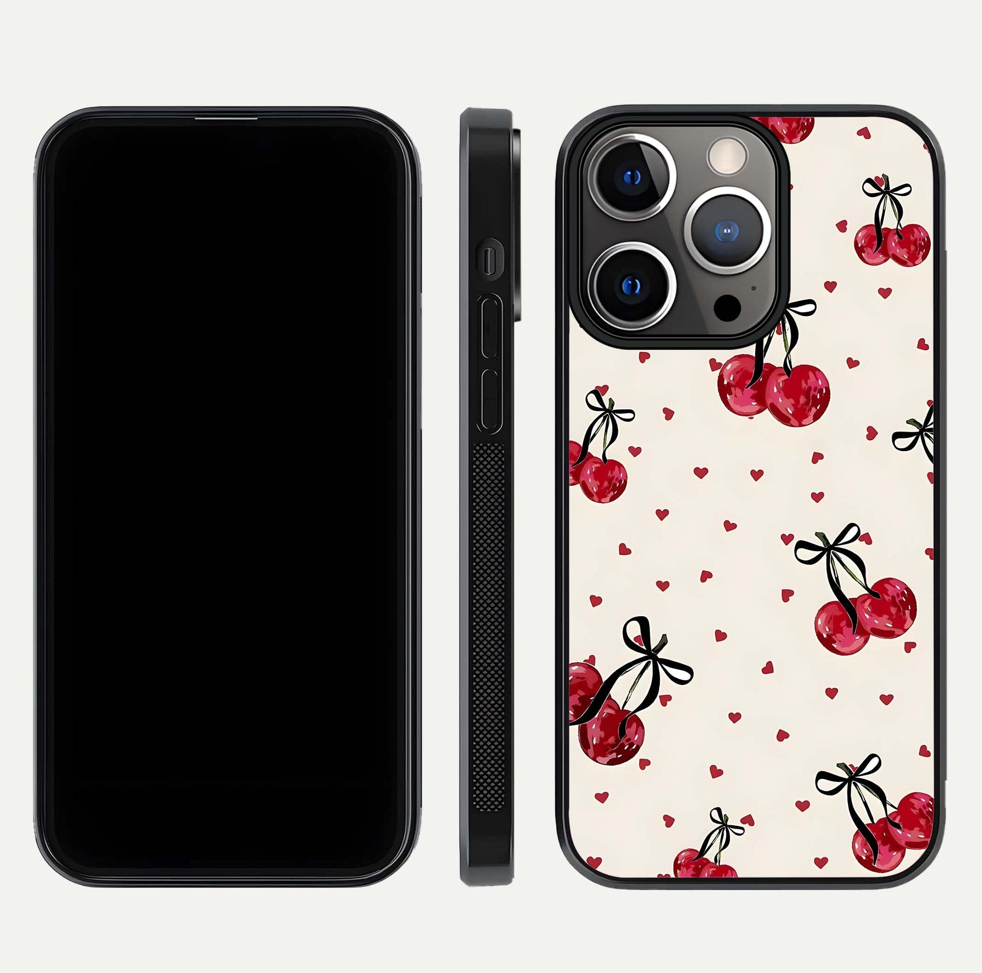 Cherry Heart Bow Glass Case for iPhone 13 Pro front-and-back view showing design clarity and edge protection