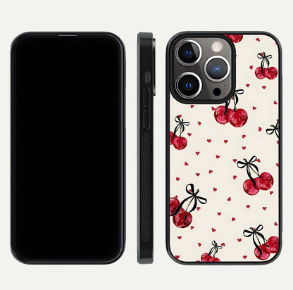 Cherry Heart Bow Glass Case for iPhone 13 Pro front-and-back view showing design clarity and edge protection