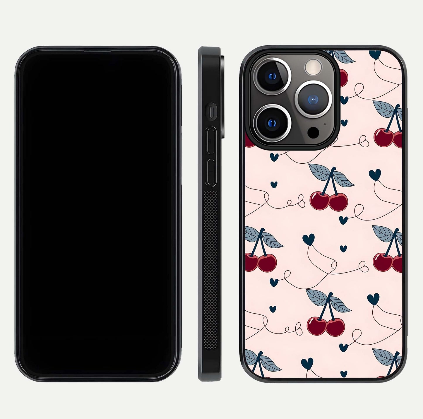 Cherry Heart Line Glass Case for iPhone 13 Pro dual-view layout displaying minimal cherry motif and edge design