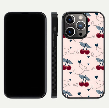 Cherry Heart Line Glass Case for iPhone 13 Pro dual-view layout displaying minimal cherry motif and edge design