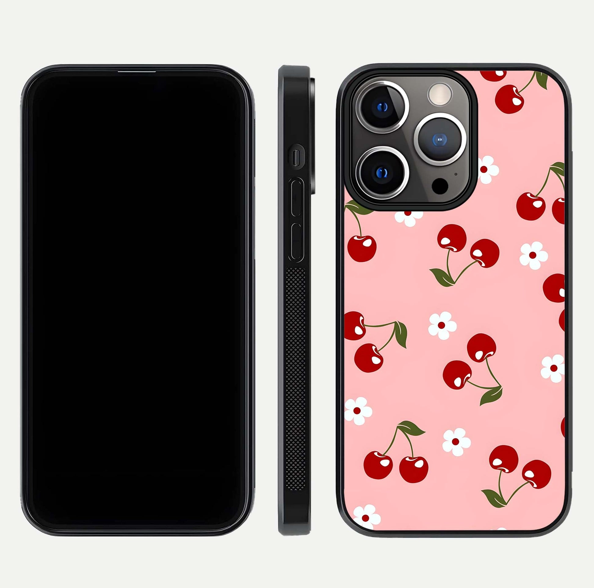 Cherry Love Mood Glass Case for iPhone 13 Pro dual-view layout showing design alignment and curved edges