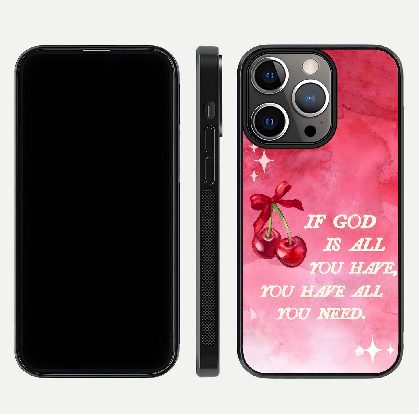 Cherry Quote Glass Case for iPhone 13 Pro dual-view layout showing red cherry tones and text balance