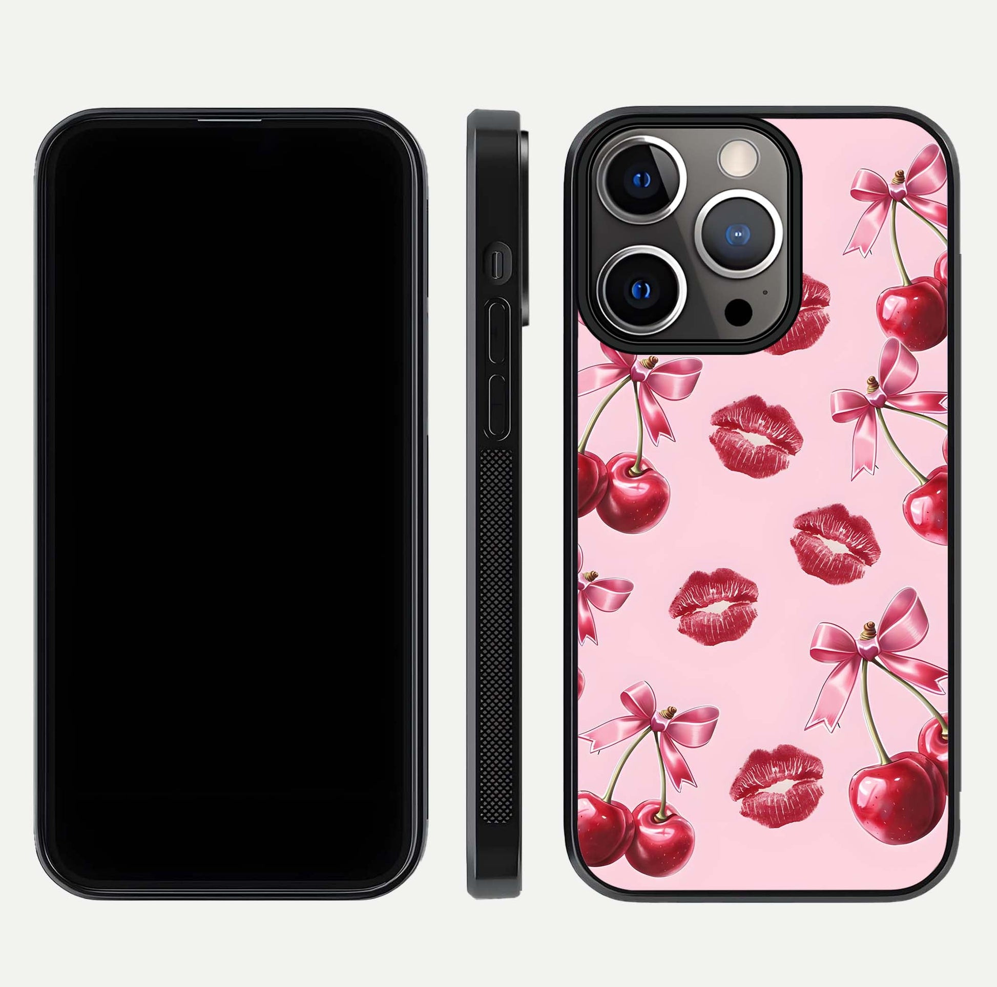 Cherry With Lips Glass Case for iPhone 13 Pro front-and-back layout displaying detailed design and glass finish