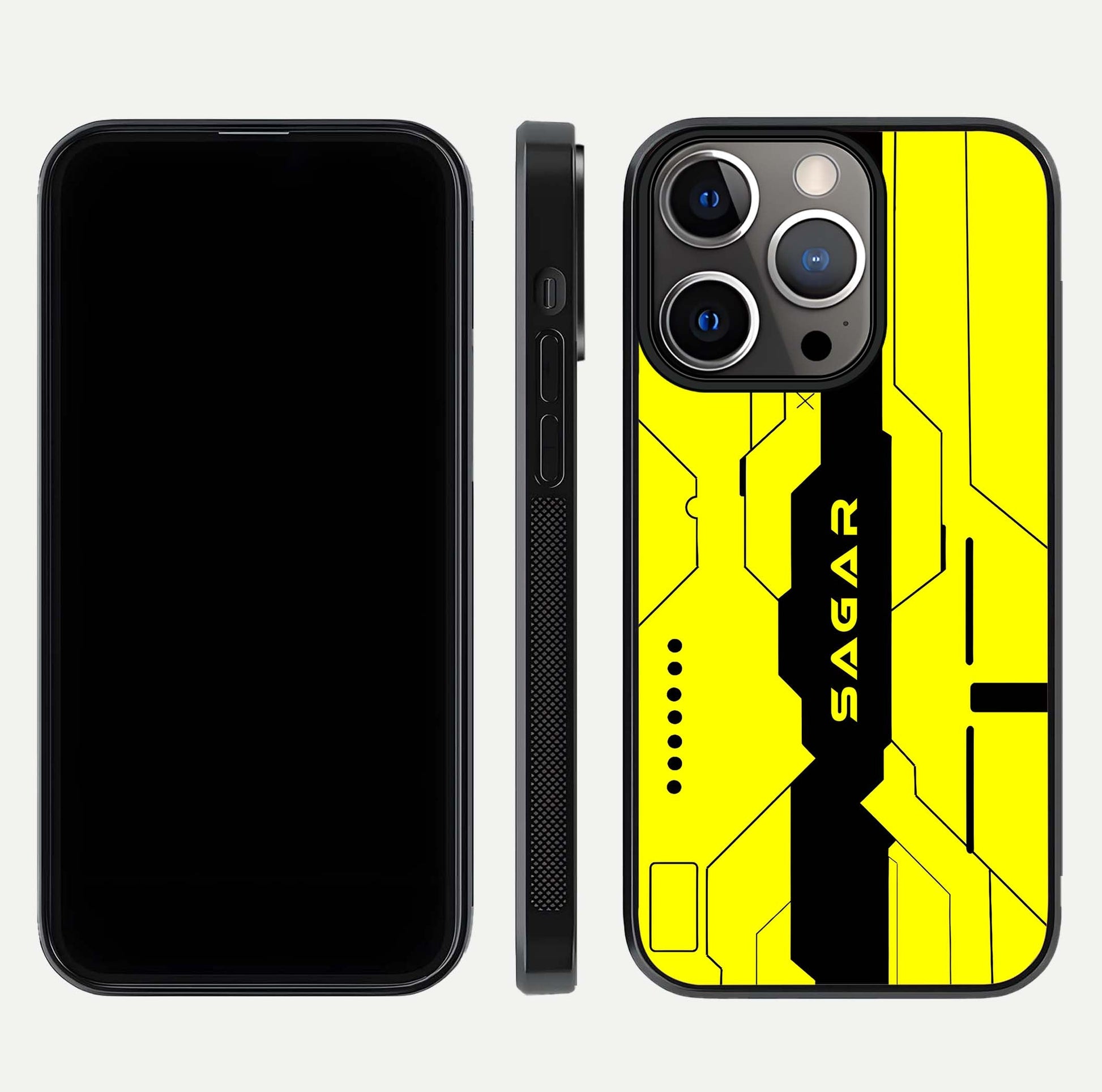 Circuit CYBERPUNK Custom Name Glass Case for iPhone 13 Pro dual-view layout showing bold tech art and edge clarity