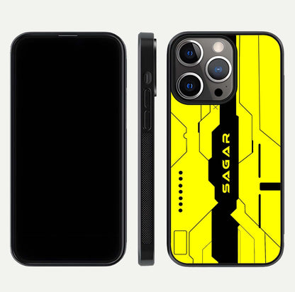 Circuit CYBERPUNK Custom Name Glass Case for iPhone 13 Pro dual-view layout showing bold tech art and edge clarity