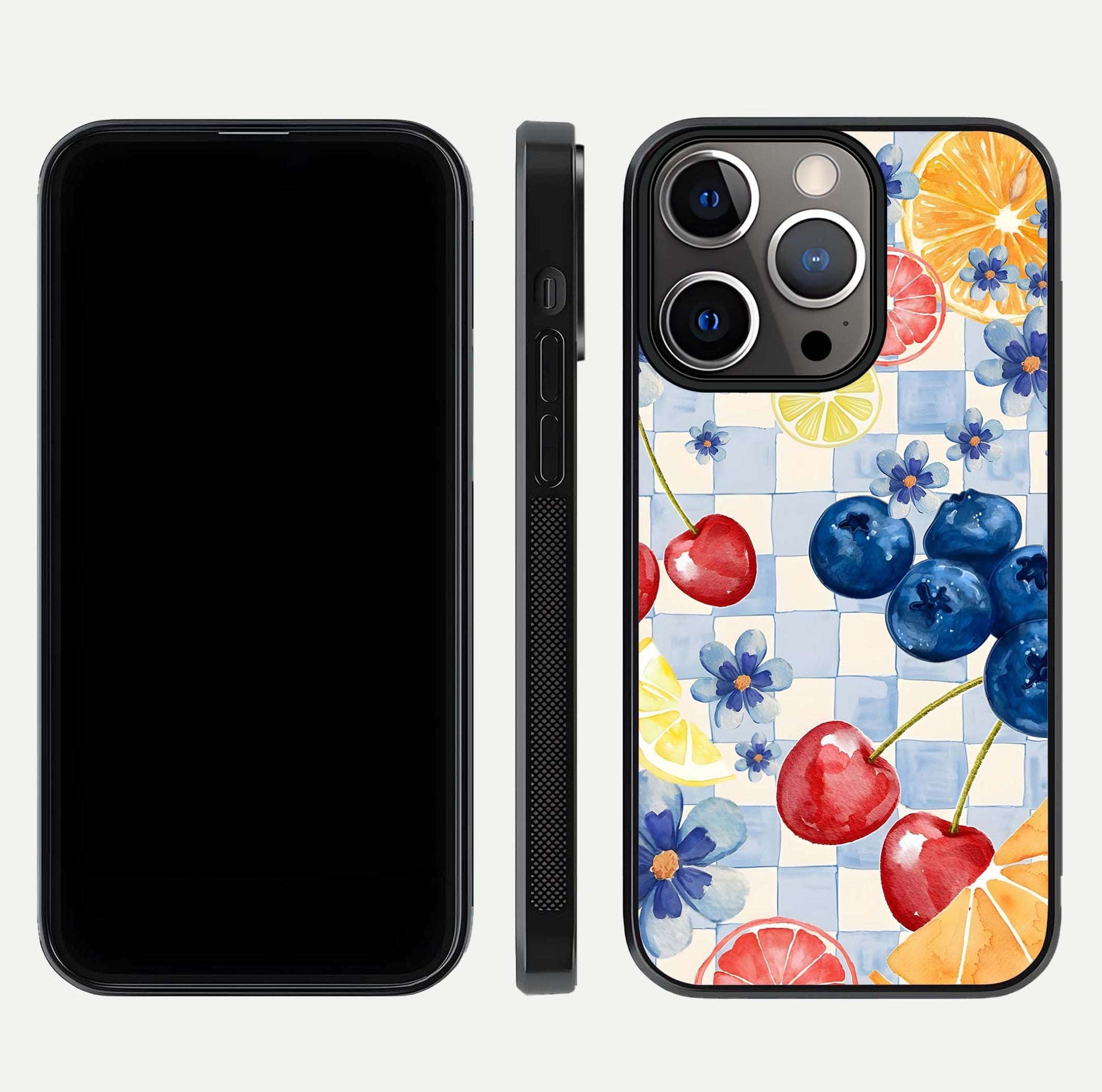 Citrus Bloom Joy Glass Case for iPhone 13 Pro dual-view layout displaying colorful print and smooth edges