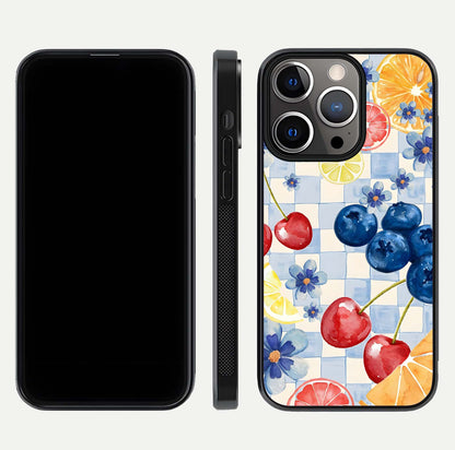 Citrus Bloom Joy Glass Case for iPhone 13 Pro dual-view layout displaying colorful print and smooth edges