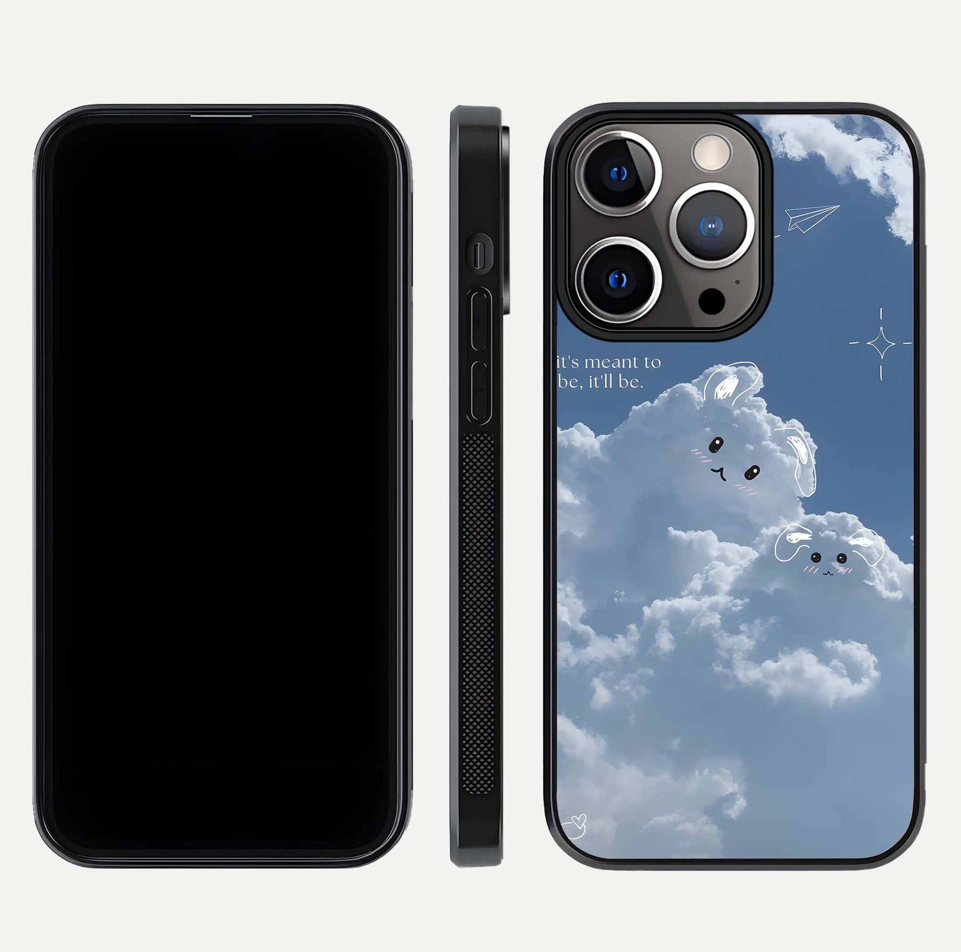 Cloud Bunny Dreams Glass Case for iPhone 13 Pro dual-view layout displaying aesthetic tones and smooth polish