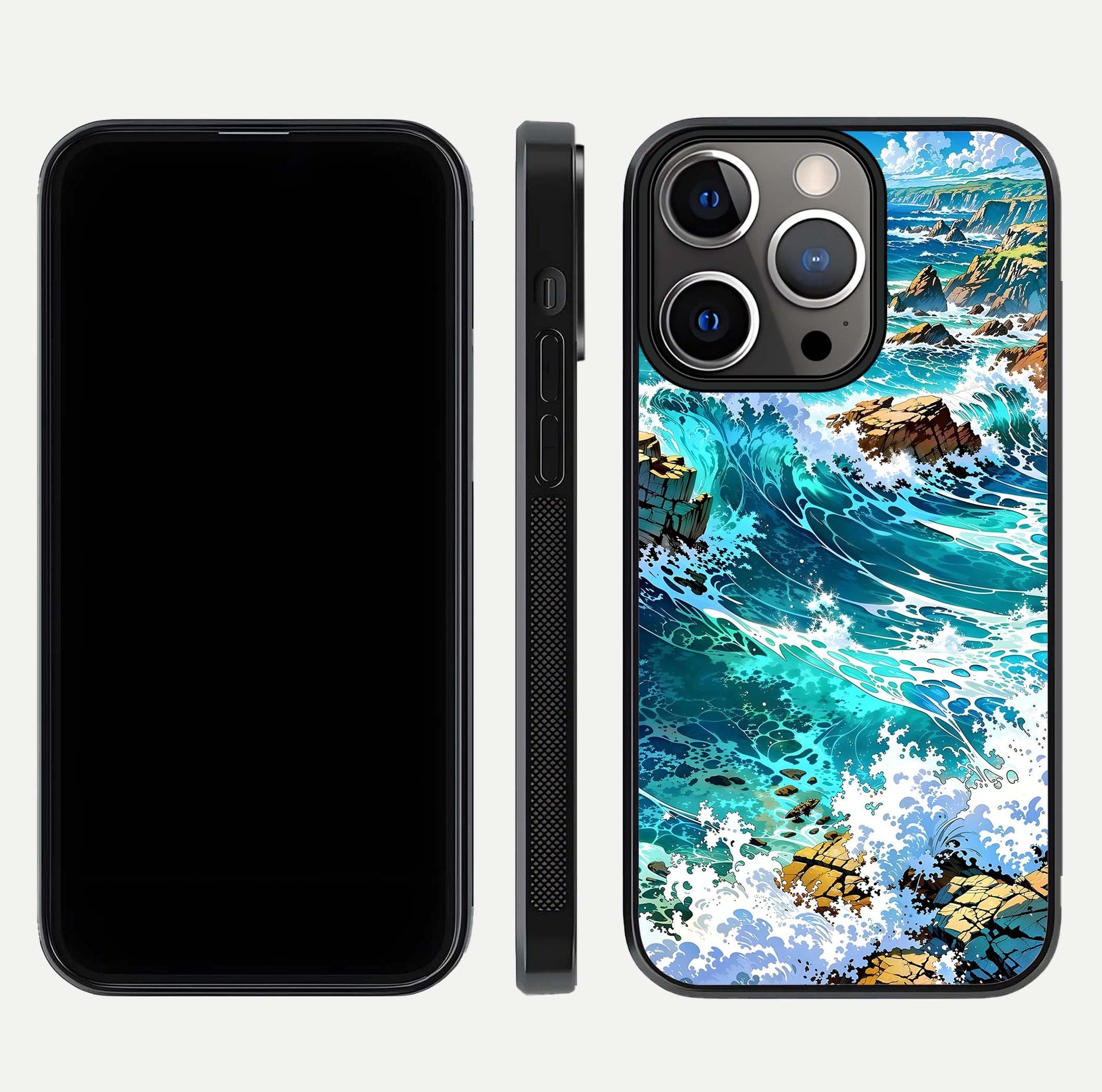Coastal Blue Waves Glass Case for iPhone 13 Pro dual-view layout displaying sea tones and curved finish