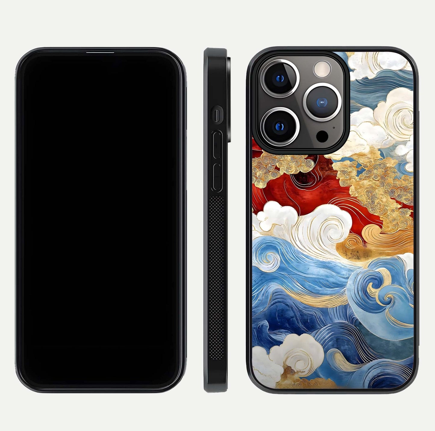 Colored Waves Glass Case for iPhone 13 Pro front & back layout showing smooth edges and vivid print tones