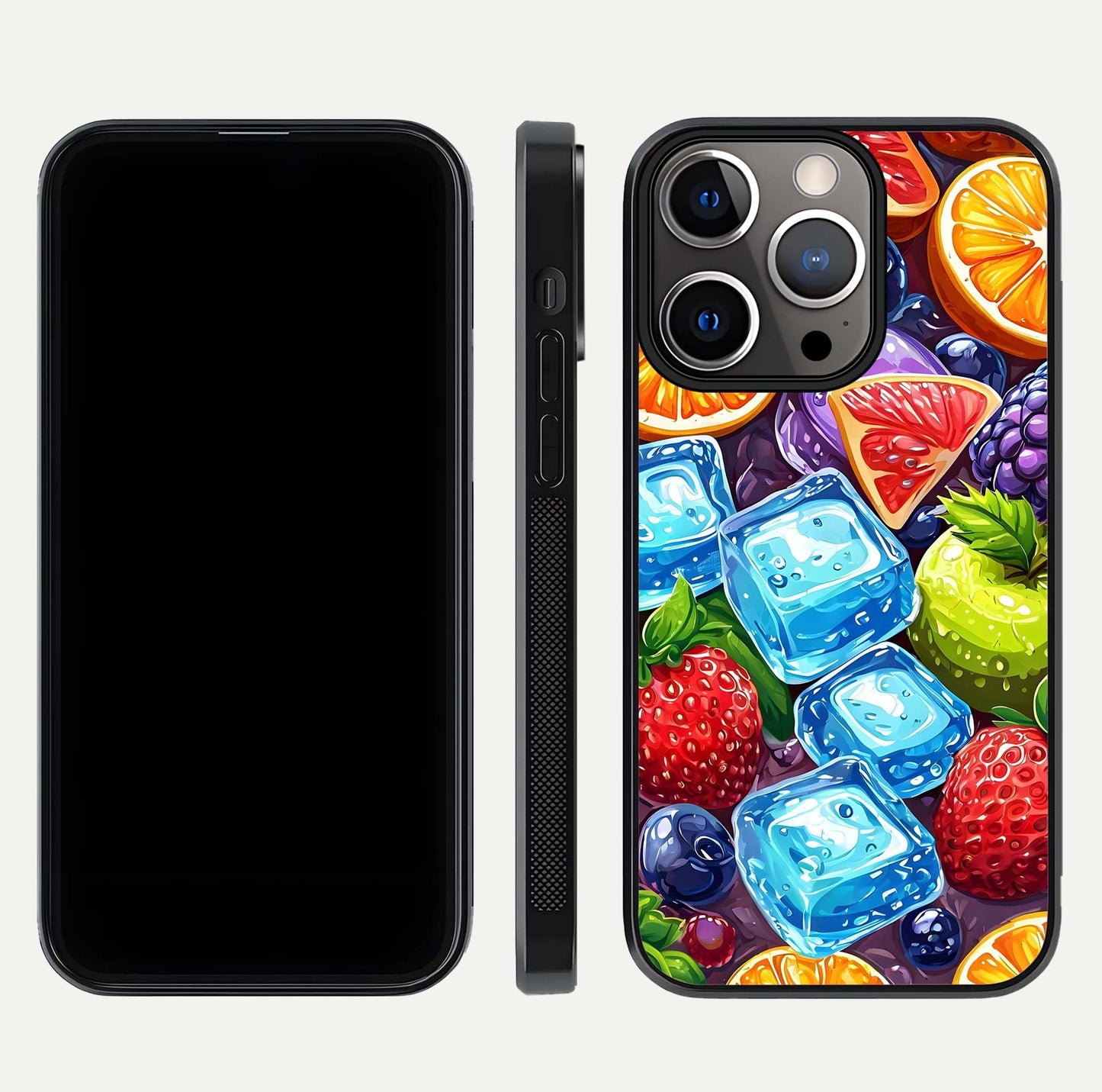 Colorful Fruits with Ice Glass Case for iPhone 13 Pro dual-view layout showing fresh tones and polished edges