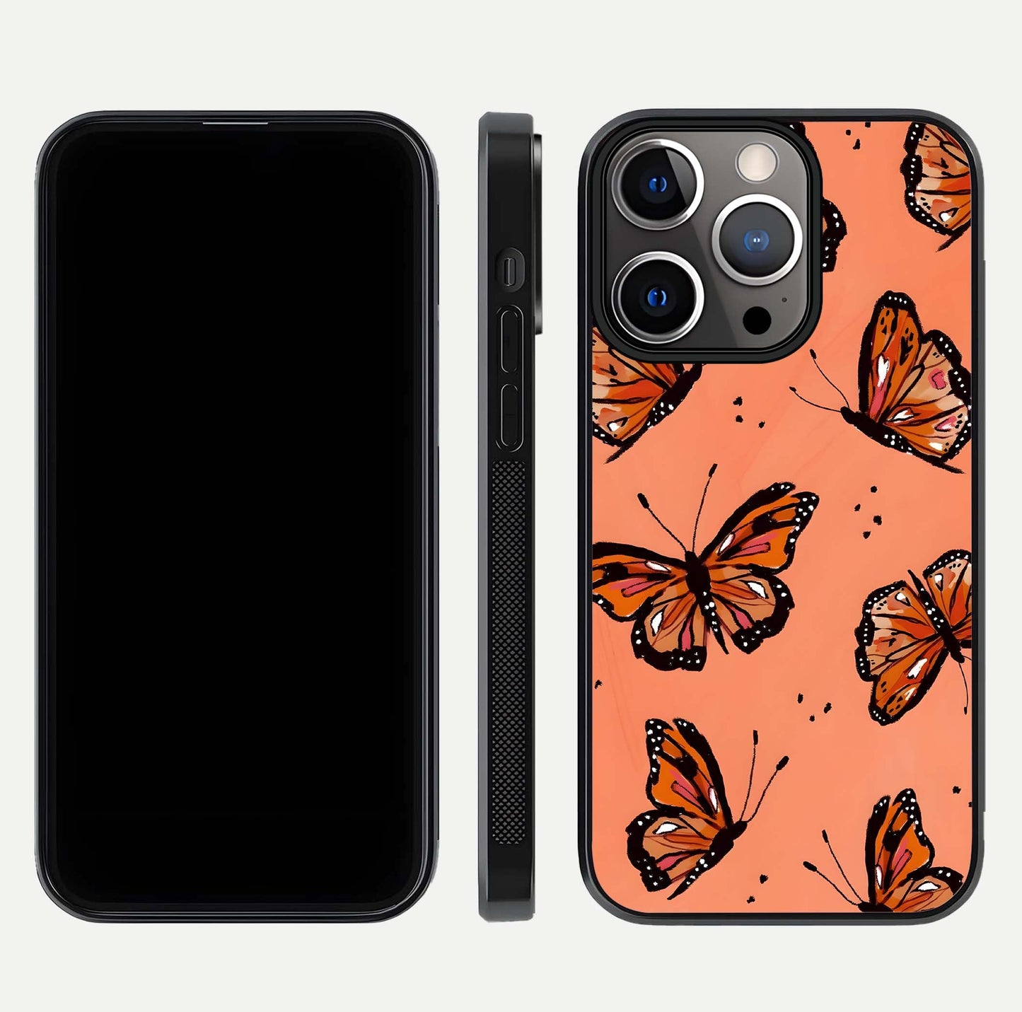 Coral Wing Butterfly Glass Case for iPhone 13 Pro dual-view layout displaying soft floral tones and curved edges