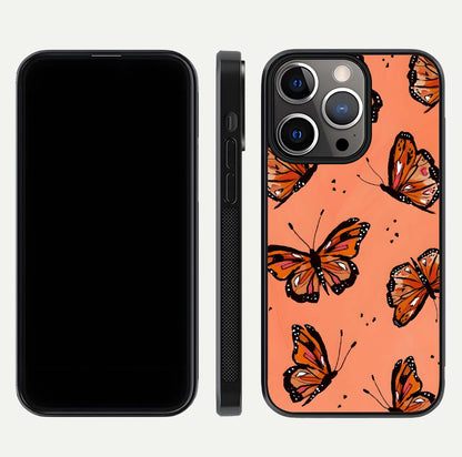 Coral Wing Butterfly Glass Case for iPhone 13 Pro dual-view layout displaying soft floral tones and curved edges