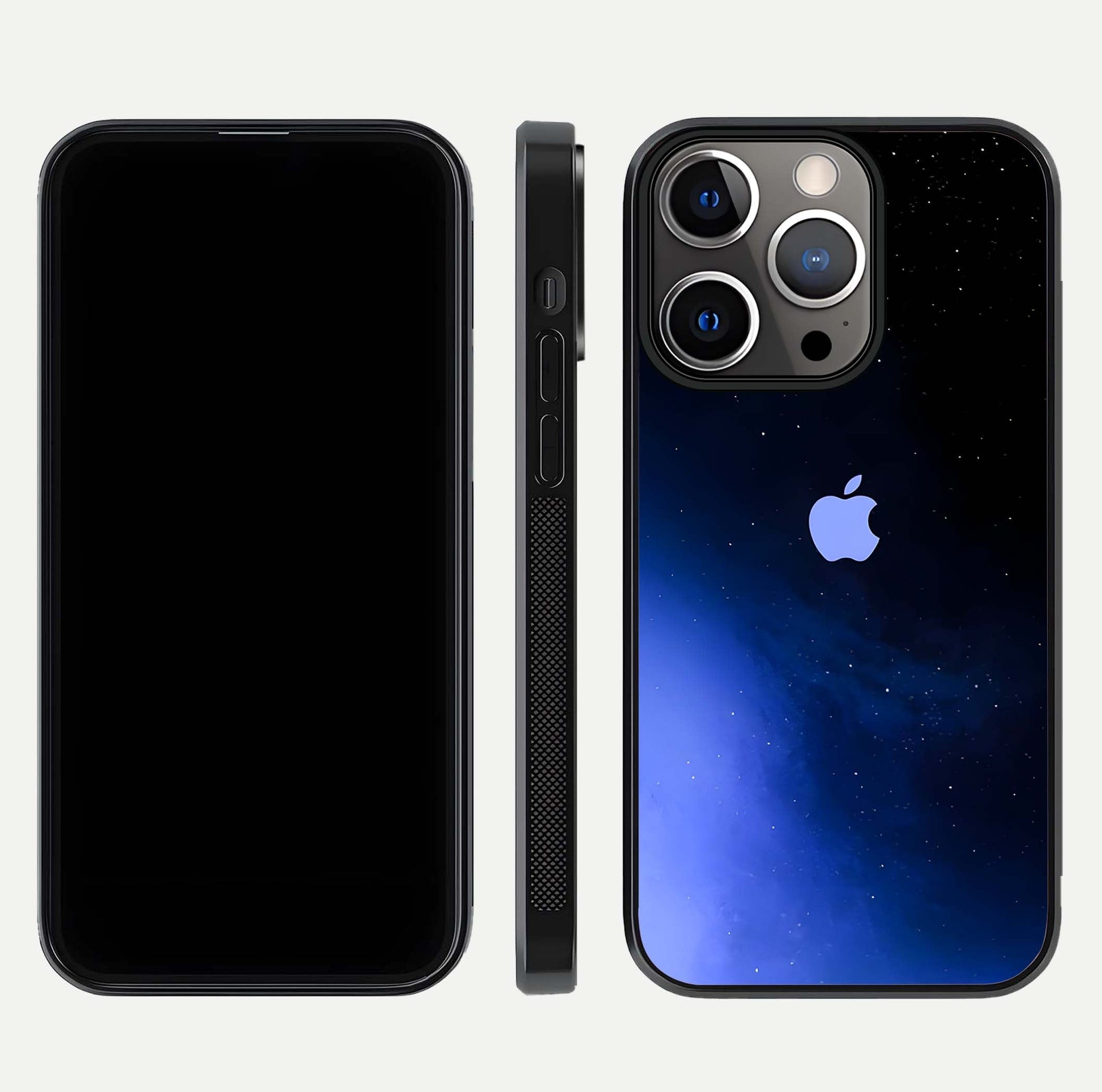 Cosmic Blue Apple Glass Case for iPhone 13 Pro dual-view layout displaying cosmic tones and glass edges