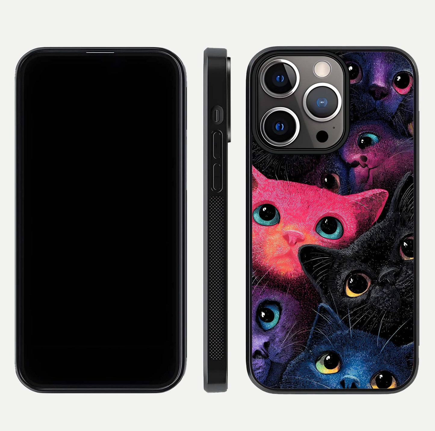 Cosmic Cats Dreams Glass Case for iPhone 13 Pro dual-view layout displaying HD print and glossy shine