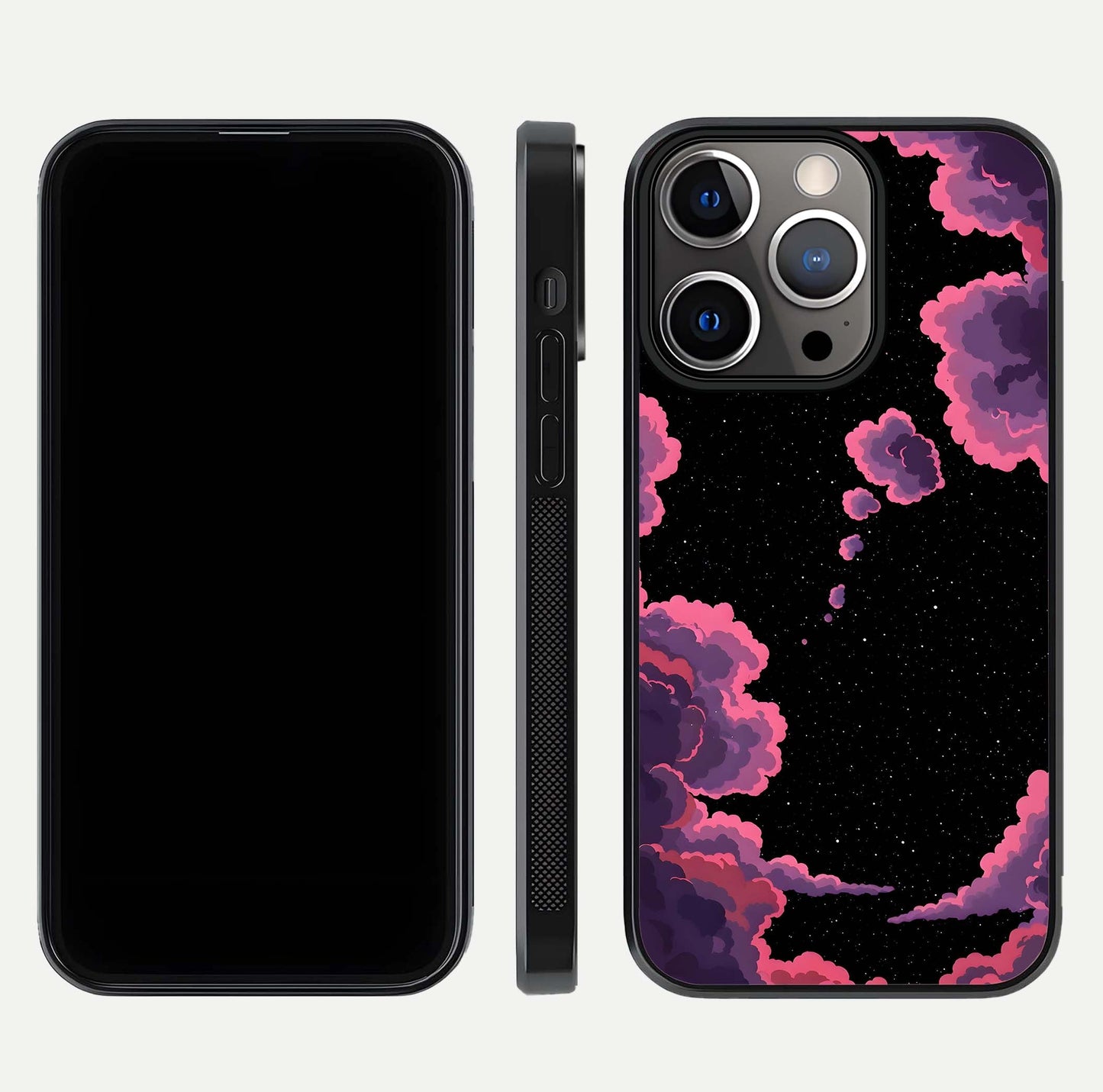 Cosmic Cloud Journey Glass Case for iPhone 13 Pro dual-view layout displaying celestial tones and edge clarity