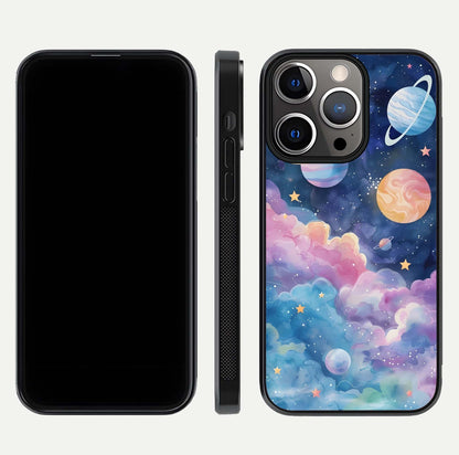 Cosmic Planet Dreams Glass Case for iPhone 13 Pro dual-view layout displaying galaxy colors and curved finish