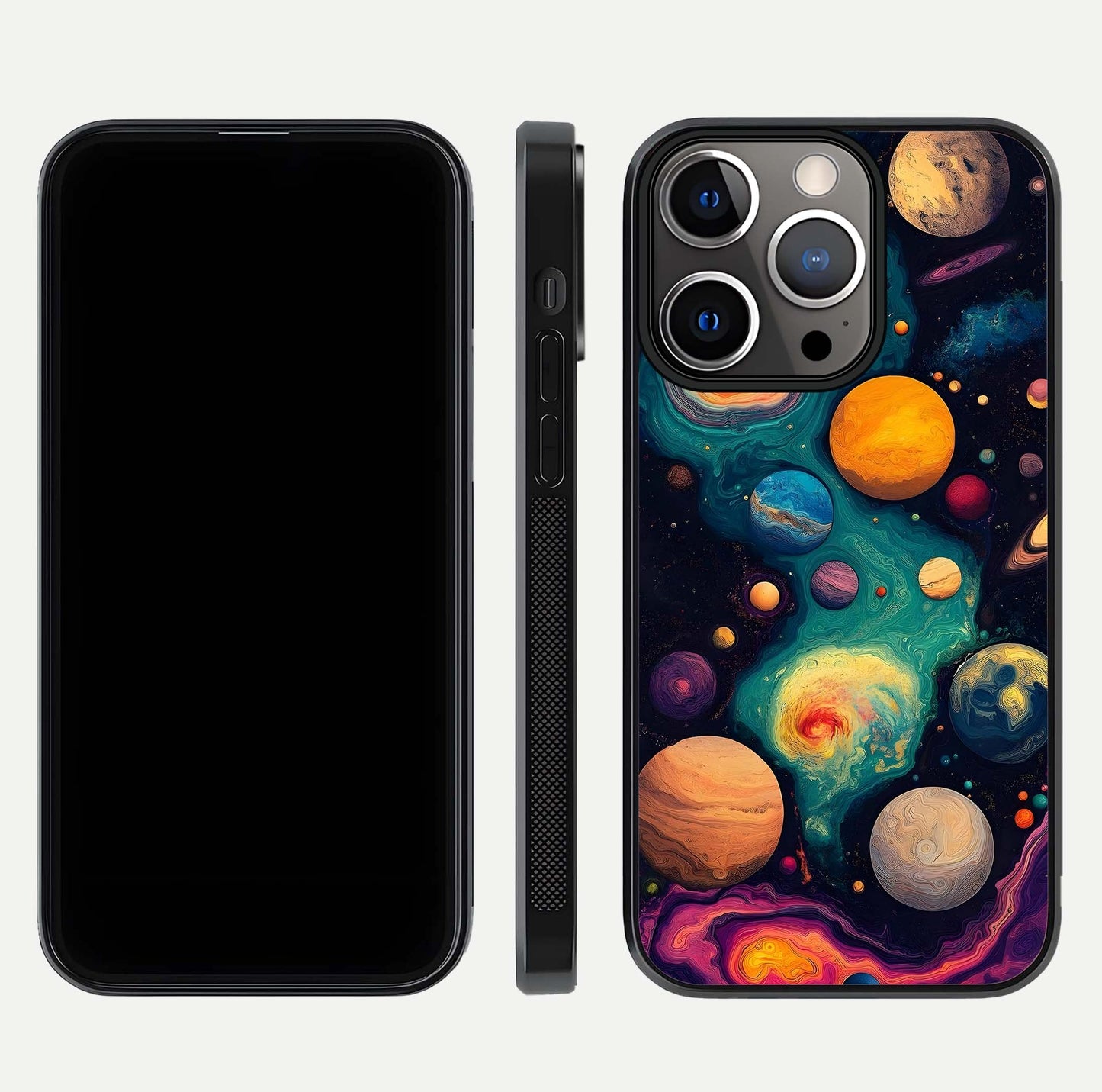 Cosmic Planet Journey Glass Case for iPhone 13 Pro dual-view layout displaying colorful cosmic balance