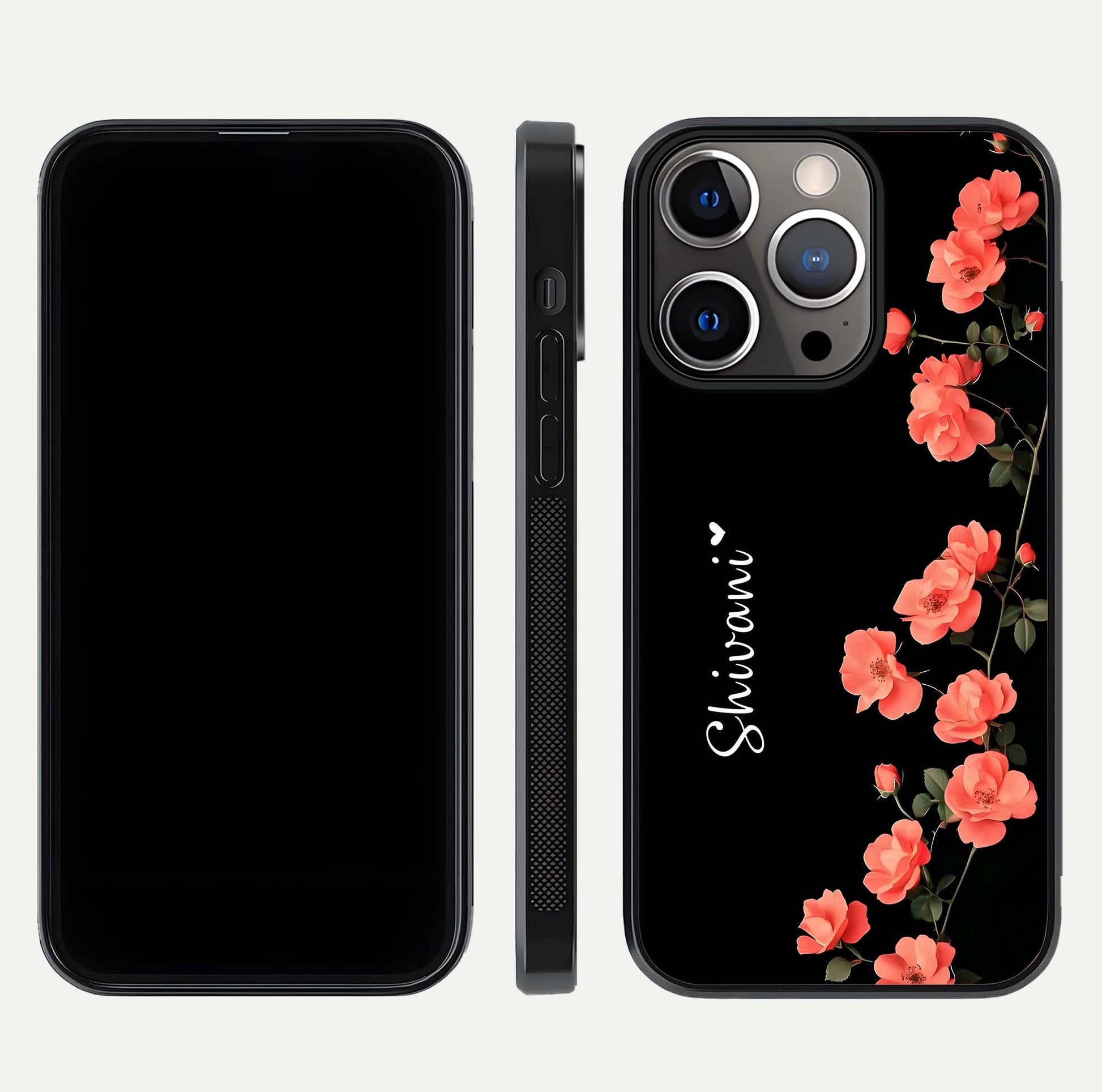 Crimson Bloom Grace Custom Name Glass Case for iPhone 13 Pro dual-view layout displaying custom text and smooth curved edges