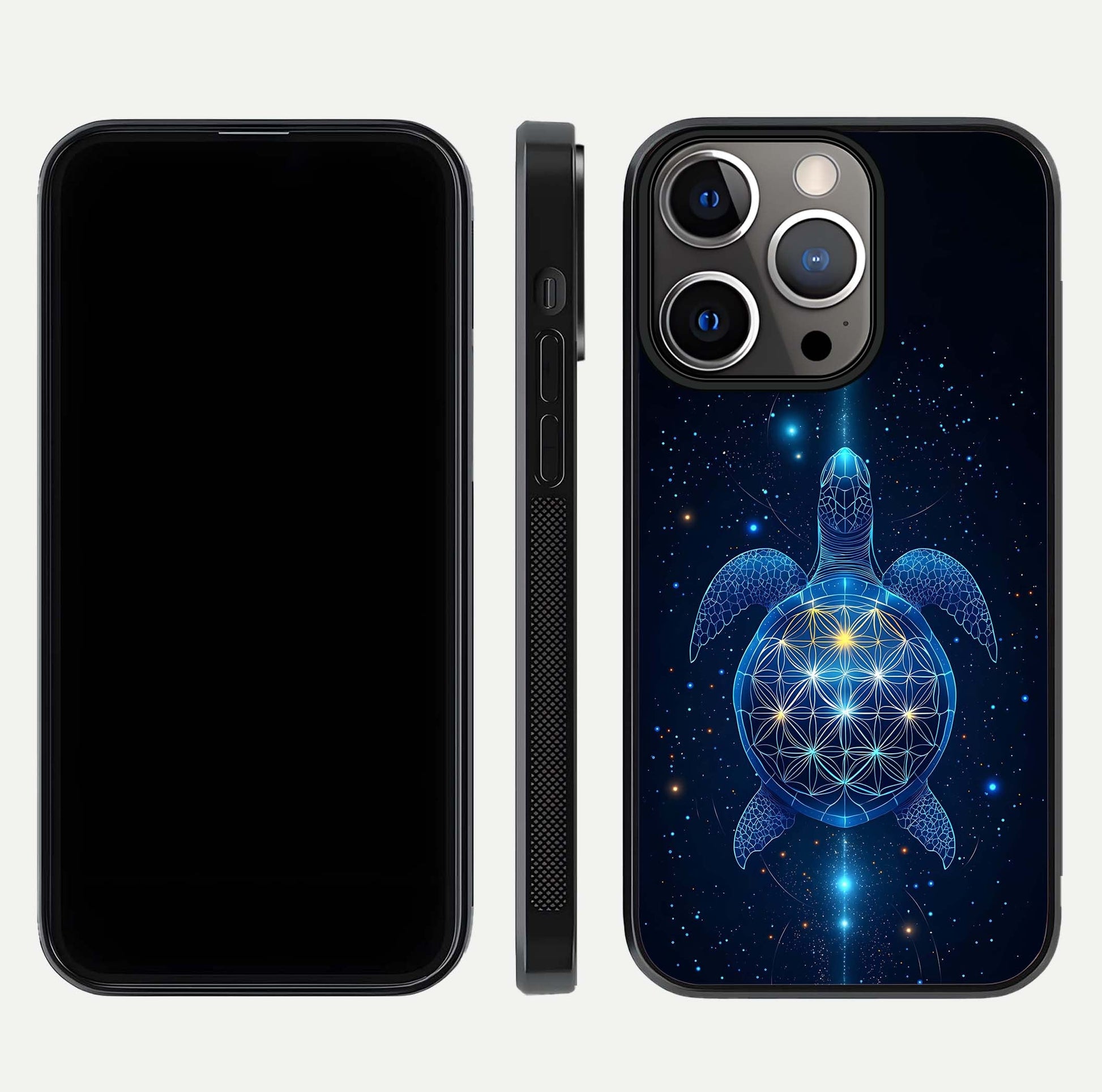 Crimson Blue Turtle Glass Case for iPhone 13 Pro dual-view layout displaying ocean tones and HD finish