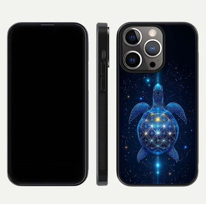 Crimson Blue Turtle Glass Case for iPhone 13 Pro dual-view layout displaying ocean tones and HD finish