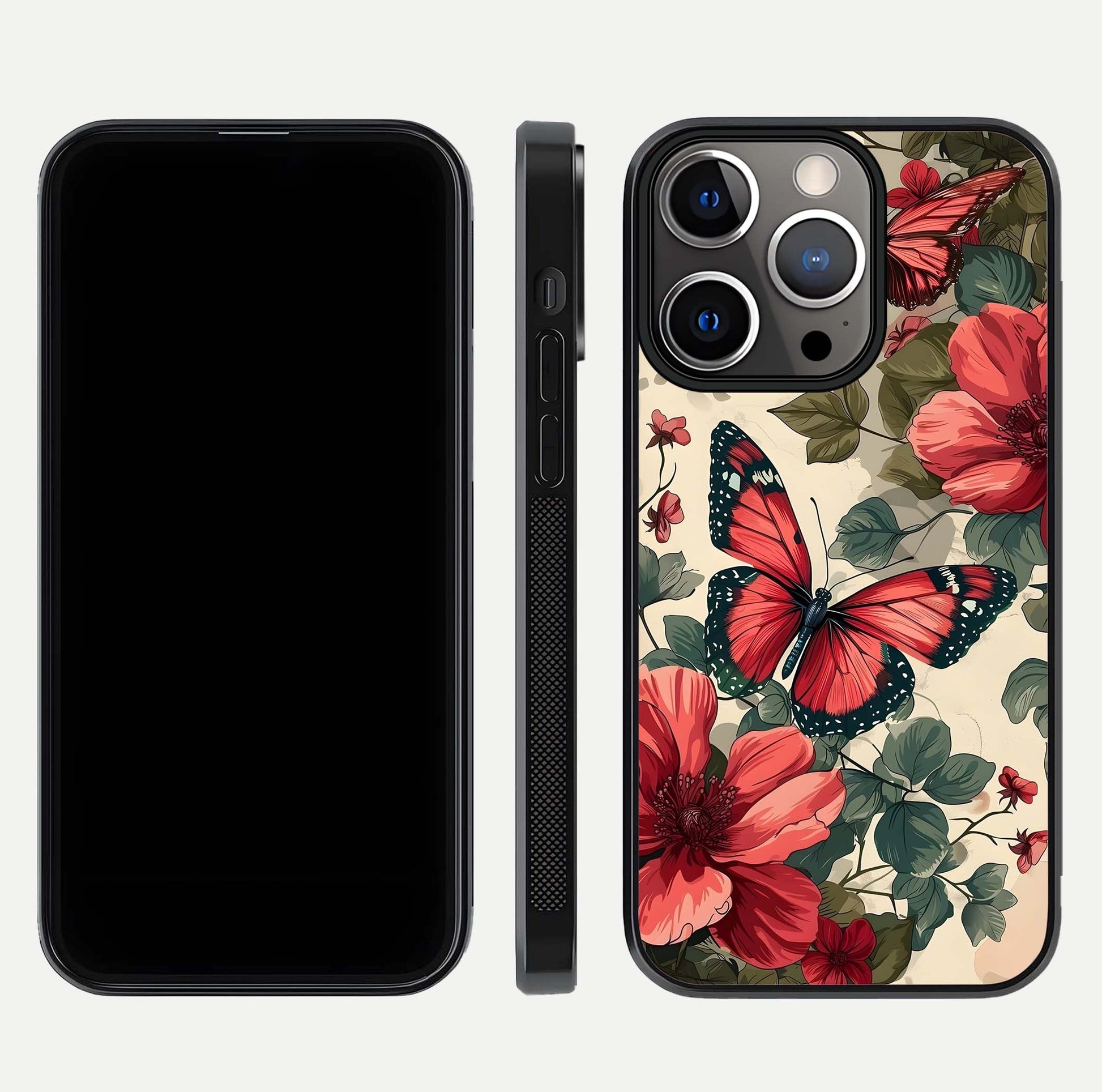 Crimson Butterfly Garden Glass Case for iPhone 13 Pro dual-view layout displaying floral patterns and edge finish