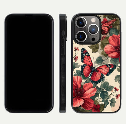 Crimson Butterfly Garden Glass Case for iPhone 13 Pro dual-view layout displaying floral patterns and edge finish