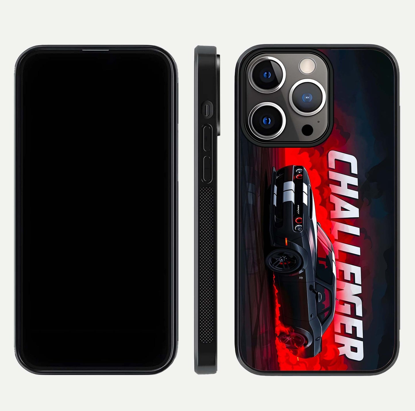 Crimson Challenger Fury Glass Case for iPhone 13 Pro dual-view layout displaying bold tones and edge polish