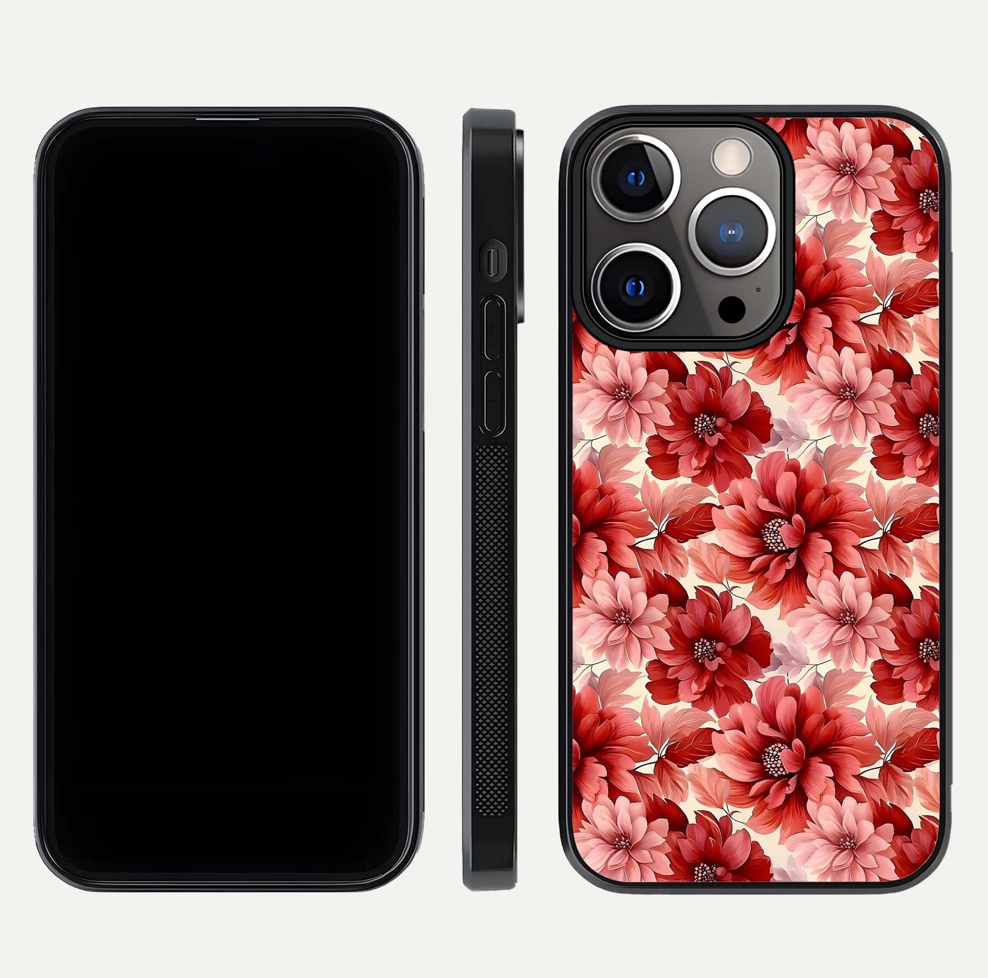 Crimson Love Petals Glass Case for iPhone 13 Pro dual-view layout displaying floral charm and curved glass