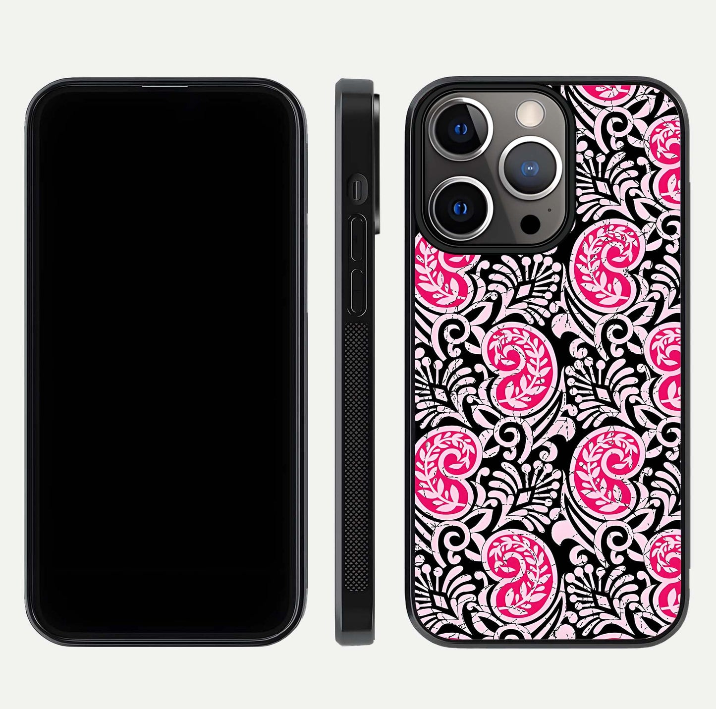 Crimson Paisley Charm Glass Case for iPhone 13 Pro dual-view layout displaying HD print and curved polish