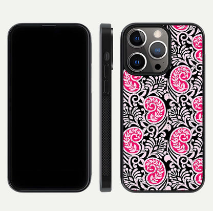Crimson Paisley Charm Glass Case for iPhone 13 Pro dual-view layout displaying HD print and curved polish