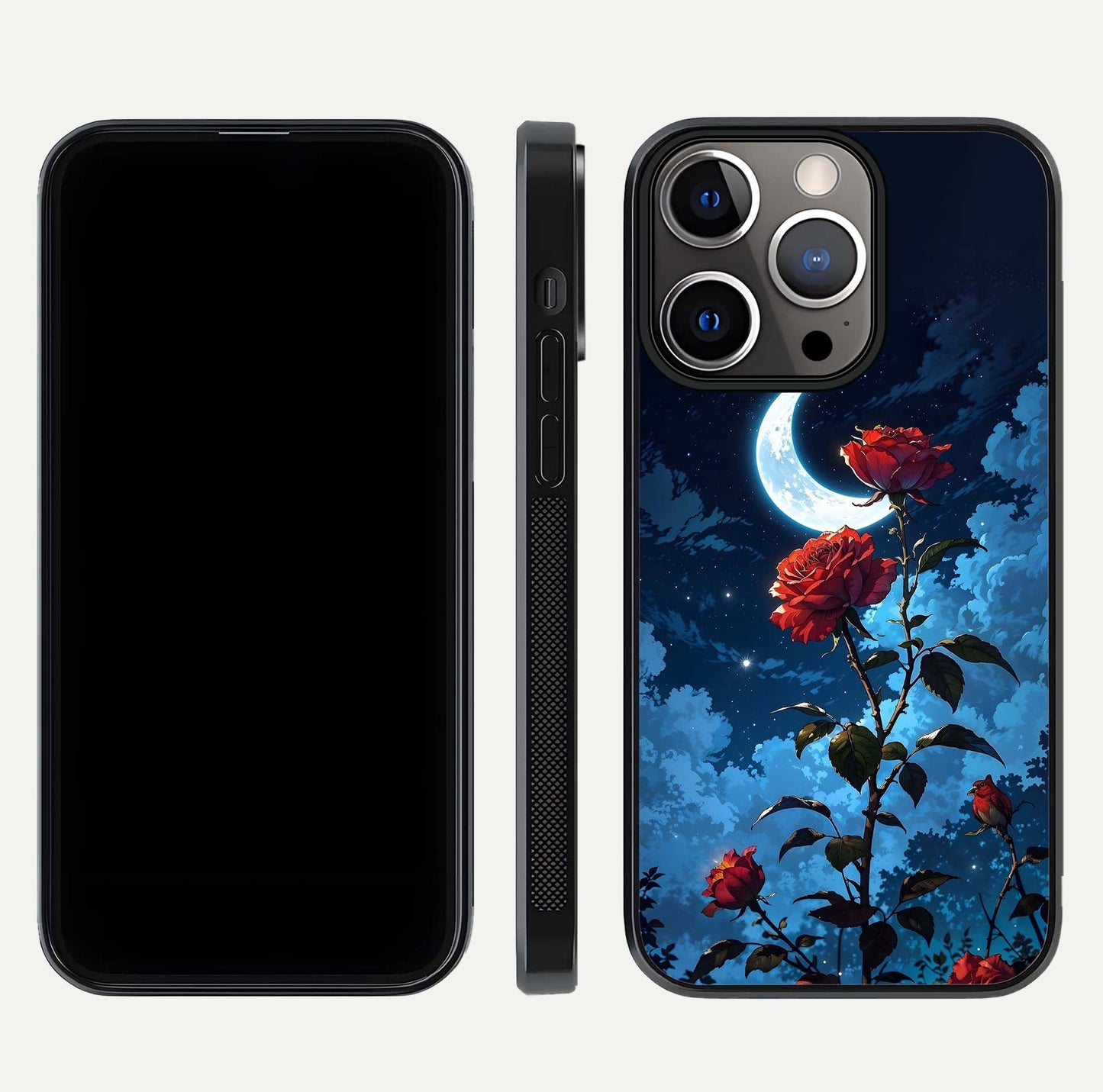 Crimson Rose Moon Glass Case for iPhone 13 Pro dual-view layout displaying red tones and soft gloss