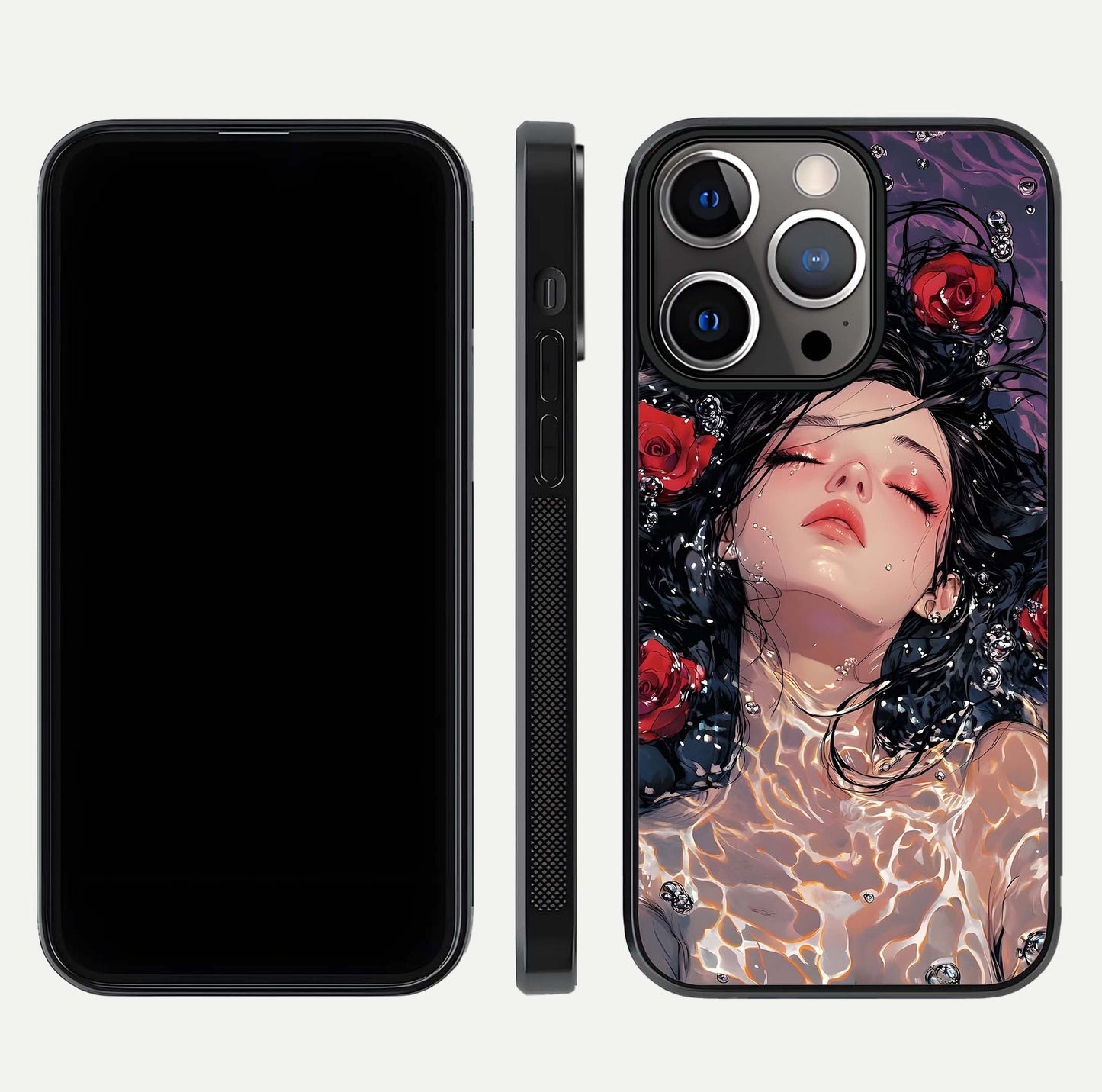Crimson Rose Serenity Glass Case for iPhone 13 Pro dual-view layout displaying serenity tones and curved glass