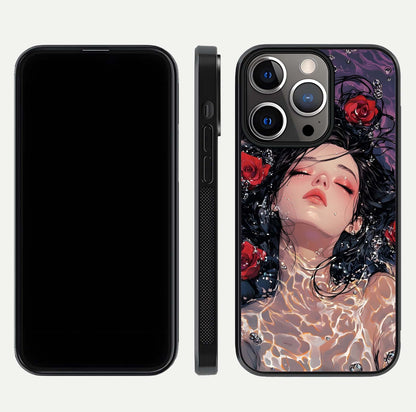 Crimson Rose Serenity Glass Case for iPhone 13 Pro dual-view layout displaying serenity tones and curved glass