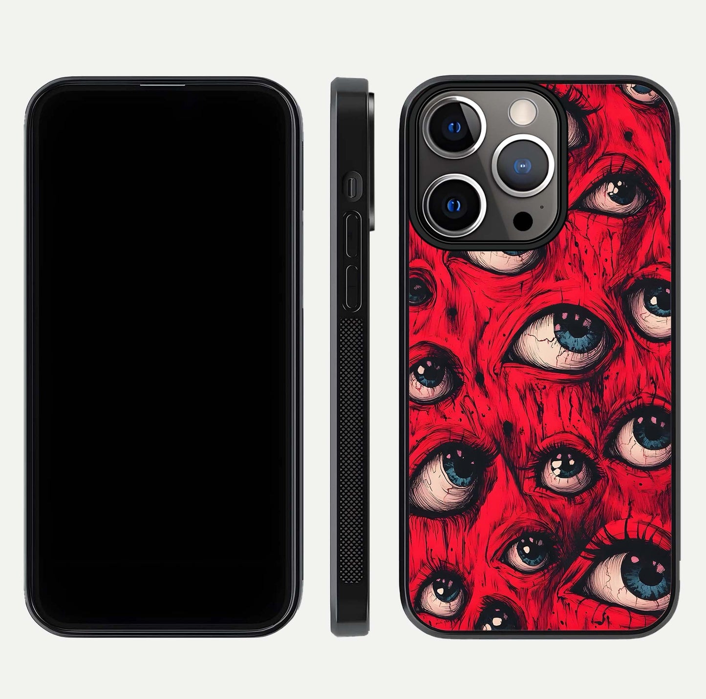 Crimson Watch Eyes Glass Case for iPhone 13 Pro dual-view layout displaying abstract tones and curved edges