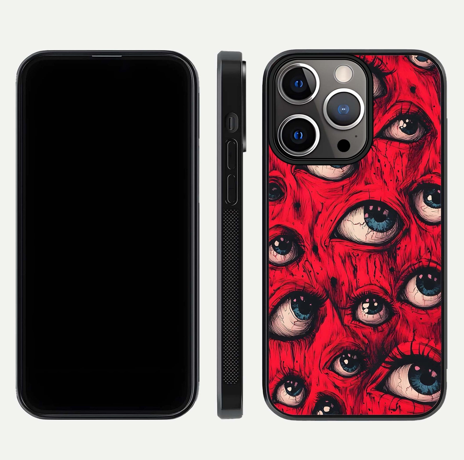 Crimson Watch Eyes Glass Case for iPhone 13 Pro dual-view layout displaying abstract tones and curved edges