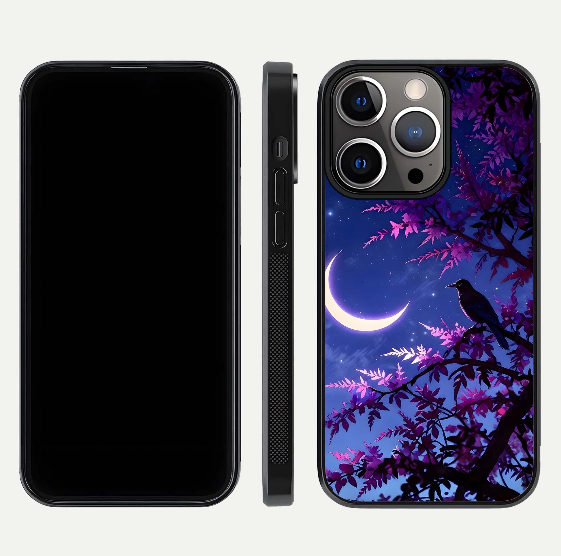 Crow & Moon Scenery Glass Case for iPhone 13 Pro dual-view layout displaying night sky art and curved glass edges