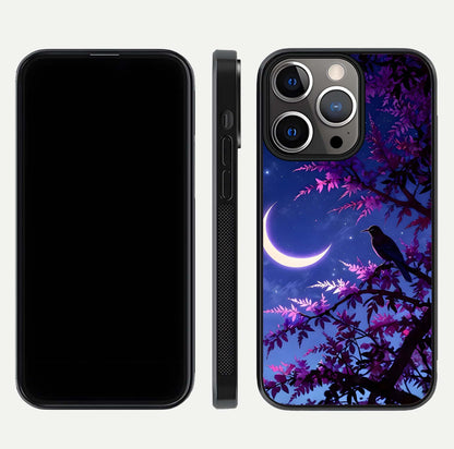 Crow & Moon Scenery Glass Case for iPhone 13 Pro dual-view layout displaying night sky art and curved glass edges