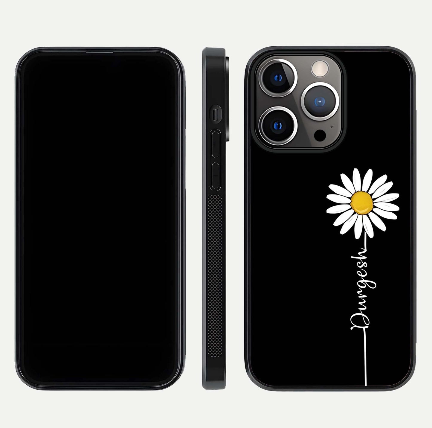 Custom Name White Flower Glass Case for iPhone 13 Pro dual-view layout showing elegant floral tone and curved edge finish
