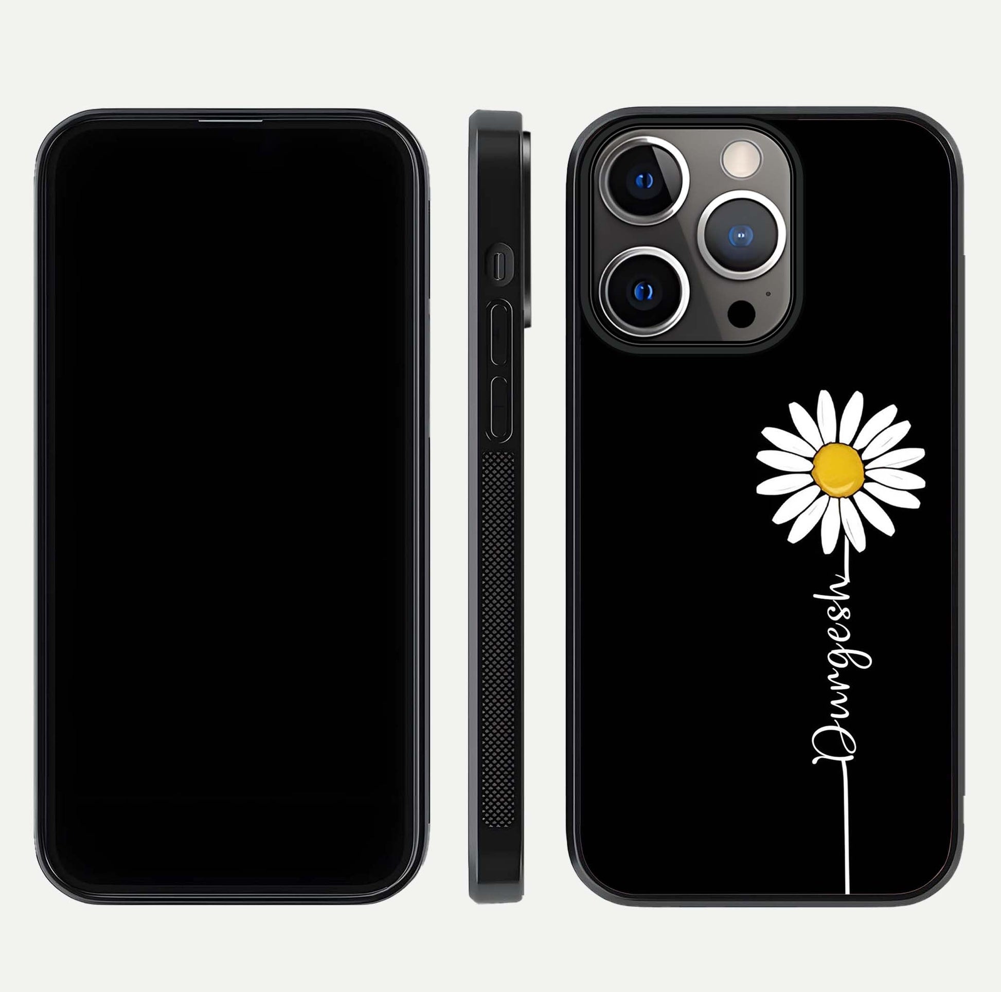 Custom Name White Flower Glass Case for iPhone 13 Pro dual-view layout showing elegant floral tone and curved edge finish